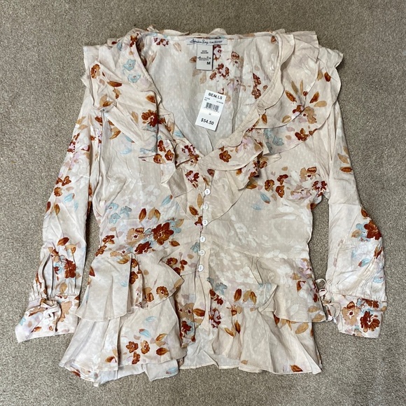 American Rag Cream Floral Ruffle V Neck Button Down Blouse Size M - Picture 1 of 4